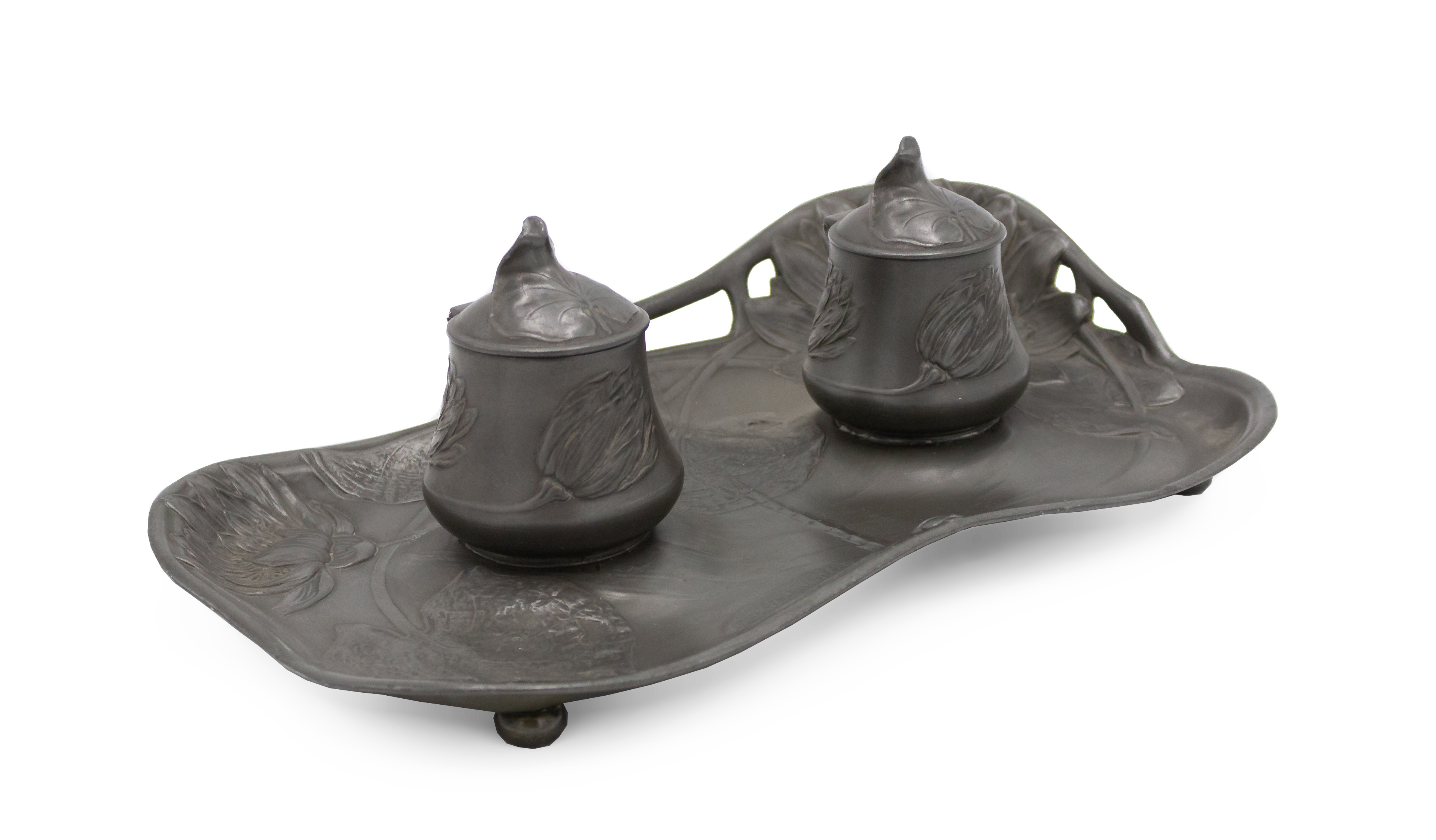 Art Nouveau Pewter Double Inkwell