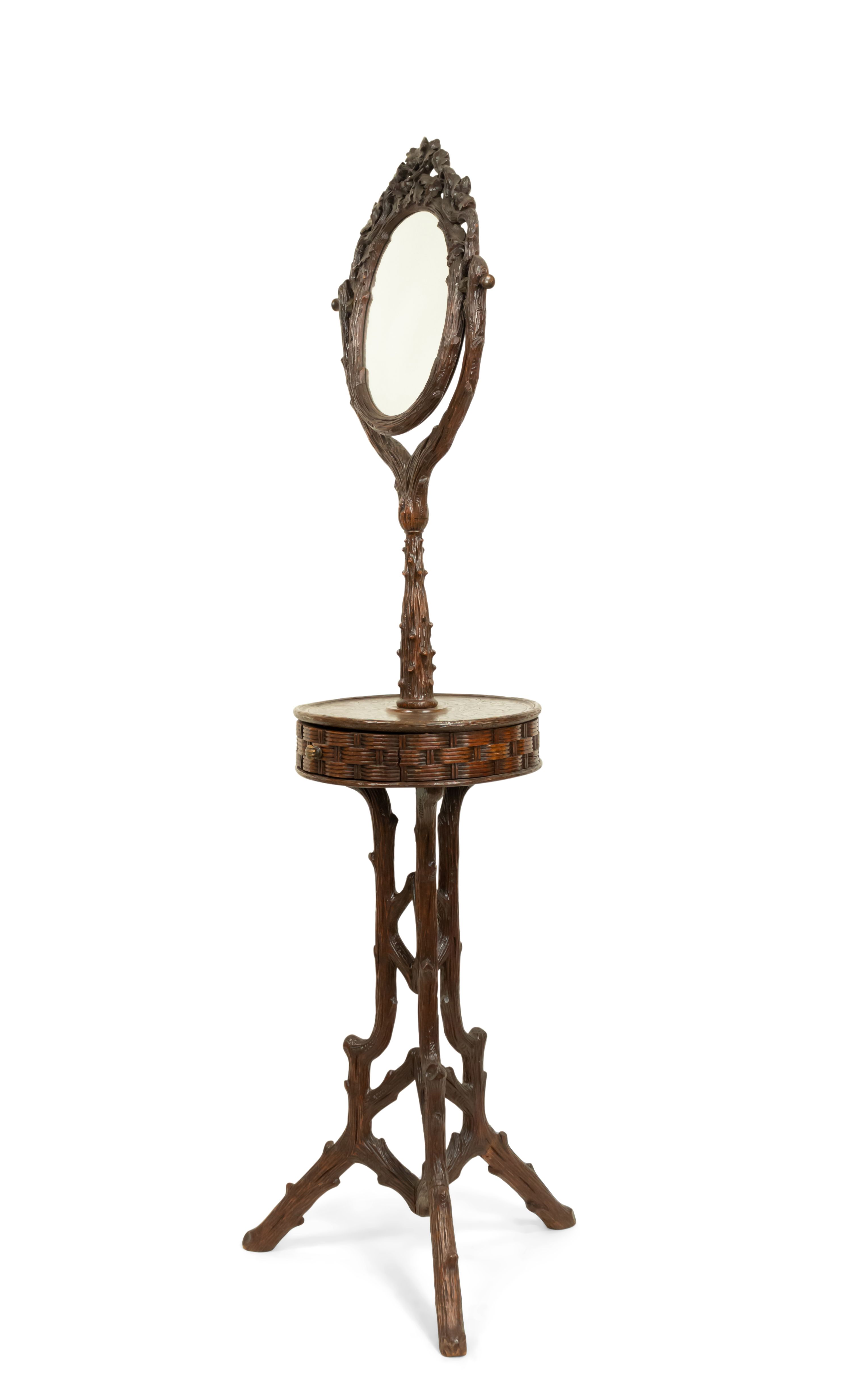 Rustic Black Forest Carved Walnut Shaving Stand / Dressing Table Mirror
